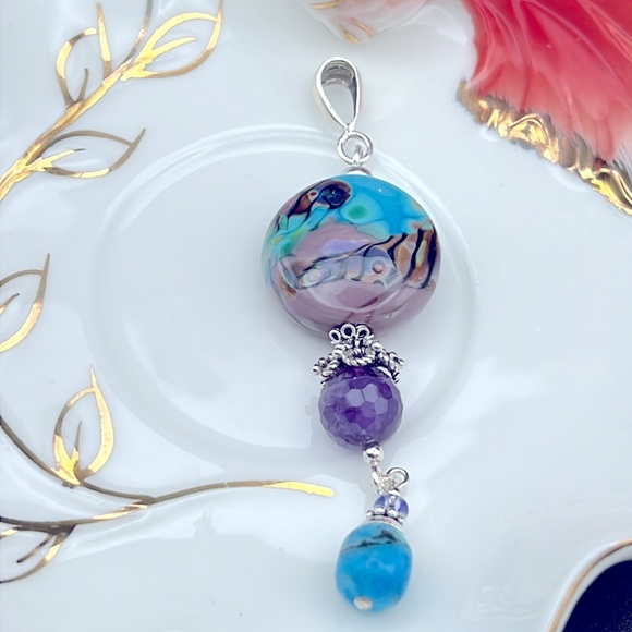 🆕 SET PENDANT AND EARRINGS STERLING SILVER LAMPWORK GLASS - Picture 3 of 5